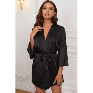 Short Satin Bridesmaid Wedding Robe Gown - Black