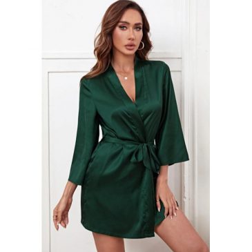 Short Satin Bridesmaid Wedding Robe Gown - Emerald Green