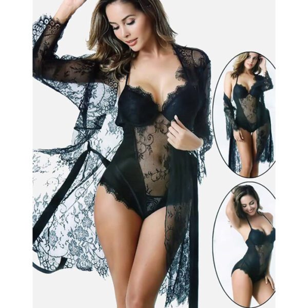 Black Delicate Lace Robe Kimono and Teddy Lingerie Set