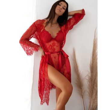 Red Delicate Lace Robe Kimono and Teddy Lingerie Set