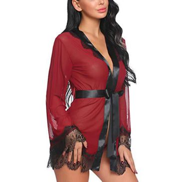 Red Eyelash Lace & Satin Short Kimono Robe Babydoll Lingerie