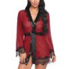 Red Eyelash Lace & Satin Short Kimono Robe Babydoll Lingerie