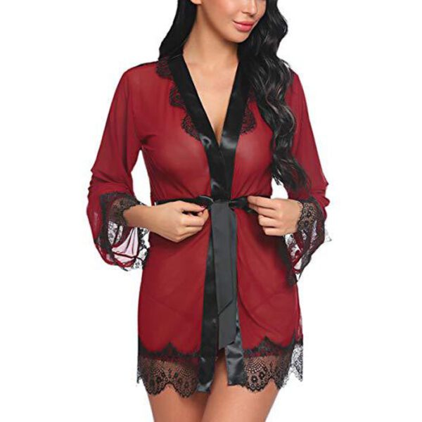 Red Eyelash Lace & Satin Short Kimono Robe Babydoll Lingerie