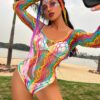 Zone Sexy Rainbow Fishnet Teddy Lingerie Beach Cover Up