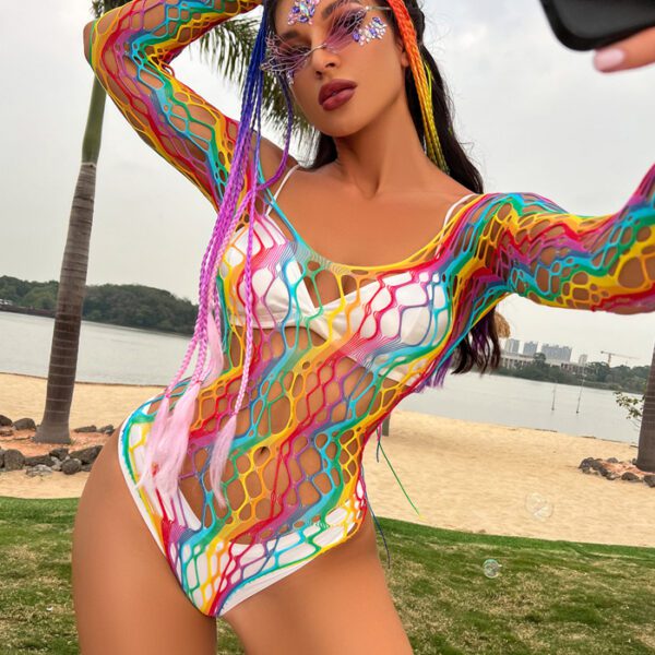 Zone Sexy Rainbow Fishnet Teddy Lingerie Beach Cover Up