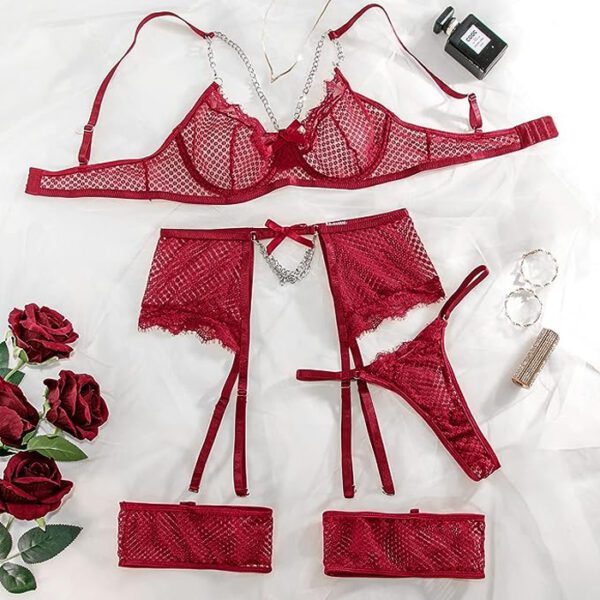 Cherry Red Sexy 4 Piece Chain & Mesh Fishnet Lingerie Set