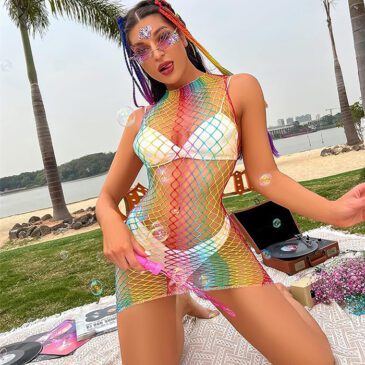 Zone Sexy Rainbow Fishnet Lingerie Mini Dress Babydoll