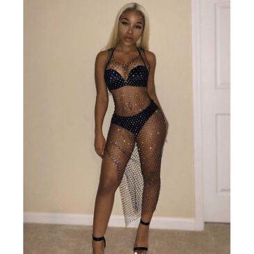 Rhinestone Fishnet Mesh Slit Cover-Up Lingerie Dress