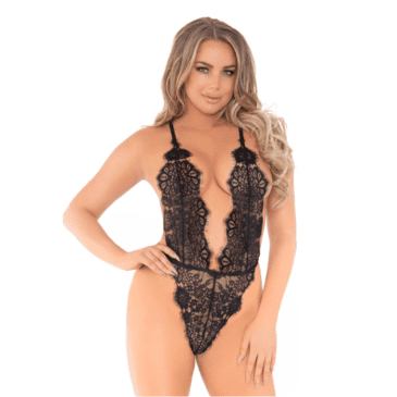 Black Sexy Low Plunge High Leg Lace Teddy Lingerie