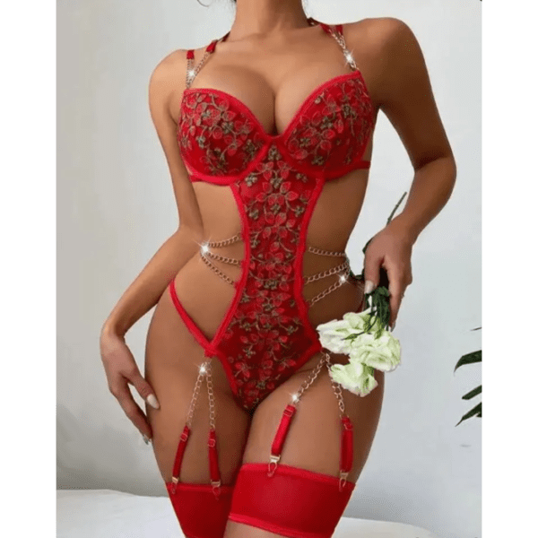 Red String Decor Embroidery Floral Lace and Chains Garter Teddy With Stockings