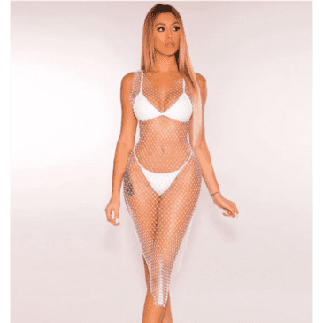 Rhinestone Fishnet Mesh Slit Cover-Up Lingerie Dress