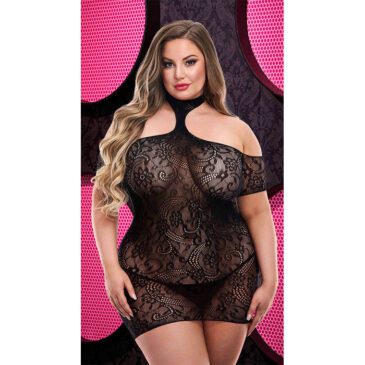 Plus Size Stretch Fishnet Mesh Babydoll Mini Dress