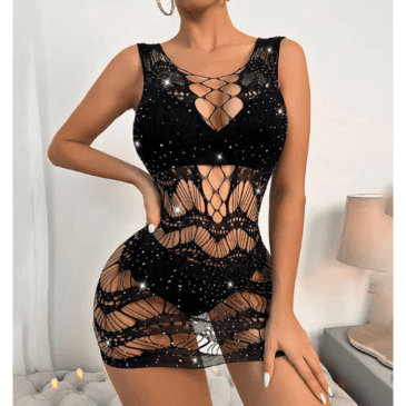 Shimmering Stretch Mesh Rhinestone Mini Dress