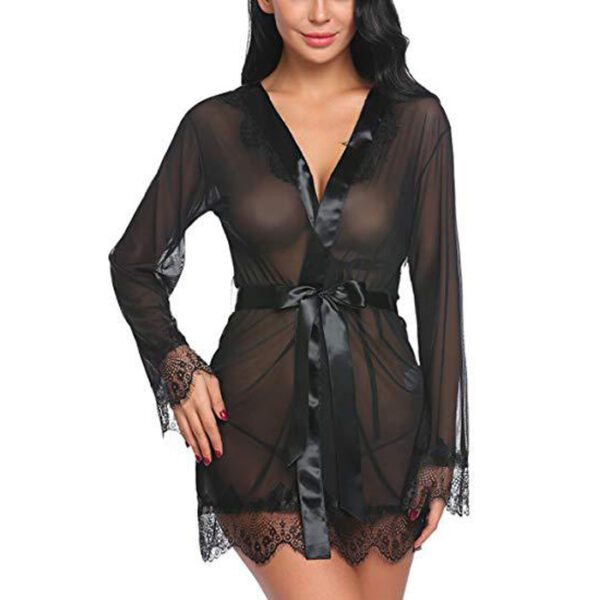 Black Eyelash Lace & Satin Short Kimono Robe Babydoll Lingerie