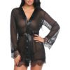 Black Eyelash Lace & Satin Short Kimono Robe Babydoll Lingerie