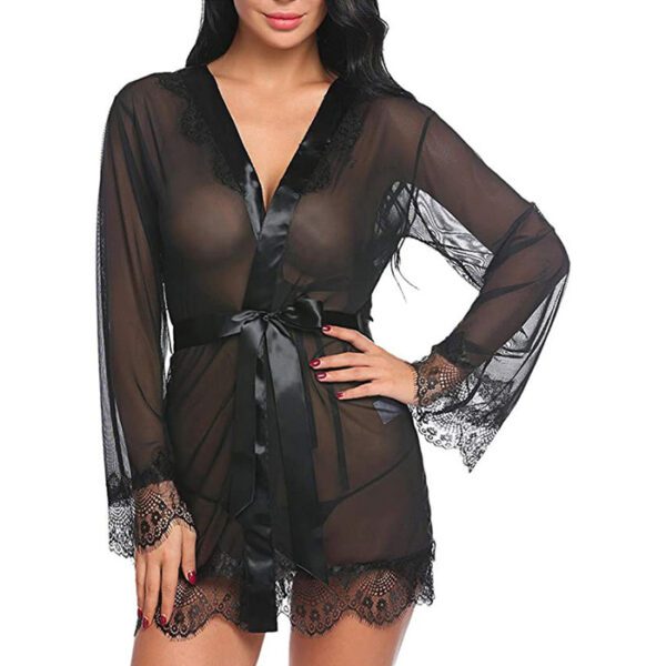 Black Eyelash Lace & Satin Short Kimono Robe Babydoll Lingerie