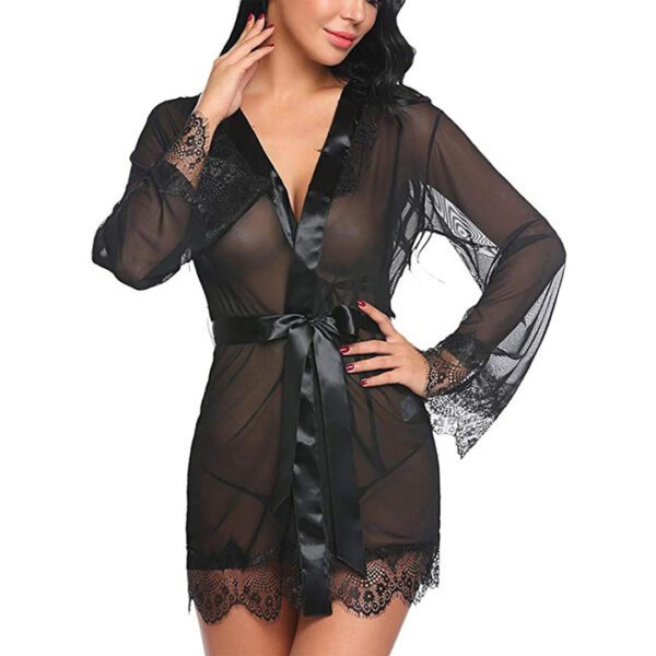 Black Eyelash Lace & Satin Short Kimono Robe Babydoll Lingerie