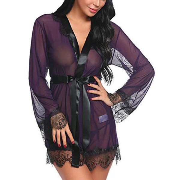 Cherry Eyelash Lace & Satin Short Kimono Robe Babydoll Lingerie