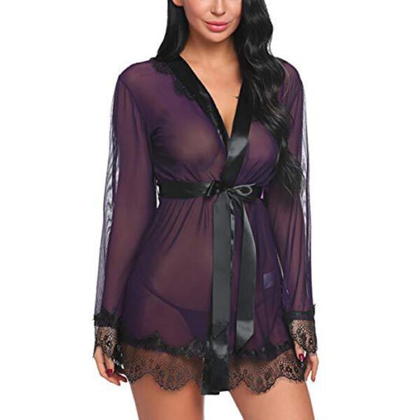 Cherry Eyelash Lace & Satin Short Kimono Robe Babydoll Lingerie