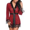 Red Eyelash Lace & Satin Short Kimono Robe Babydoll Lingerie