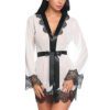 White Eyelash Lace & Satin Short Kimono Robe Babydoll Lingerie