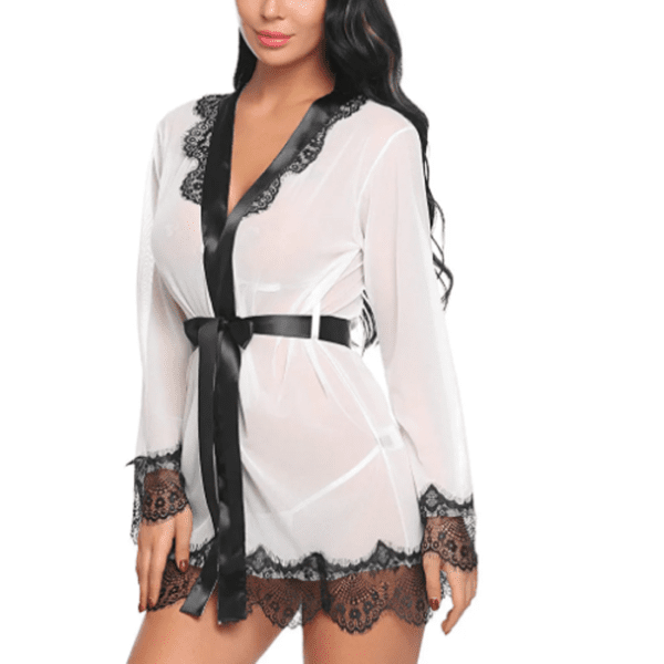 White Eyelash Lace & Satin Short Kimono Robe Babydoll Lingerie