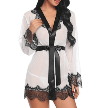 White Eyelash Lace & Satin Short Kimono Robe Babydoll Lingerie