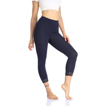 Women's Lace Trim Leggings Stretchy Lightweight Tights Navy Blue