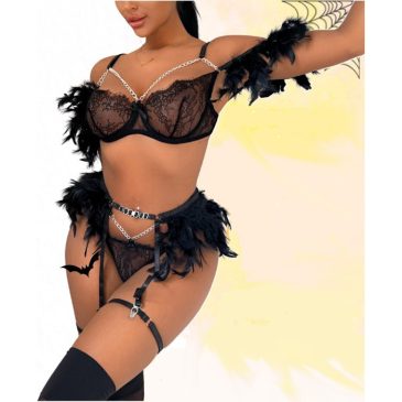 Black Feathers Lace and Straps Lingerie Set