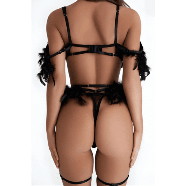 Black Feathers, Lace and Straps Lingerie Set