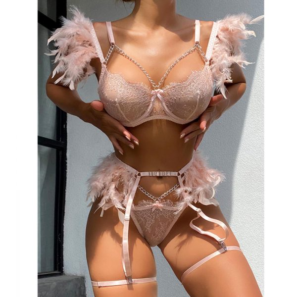 Blush Pink Feathers Lace and Straps Lingerie Set