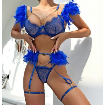 Royal Blue Feathers Lace and Straps Lingerie Set