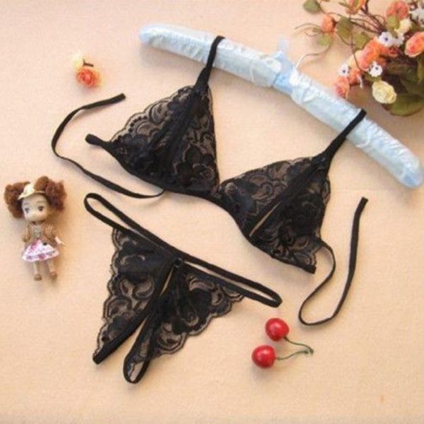 Black Lace Self-tie Bralette and Thong Lingerie Set